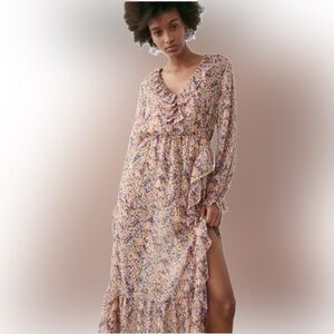 Zara | Romantic floral print chiffon ruffle trim laced up back midi dress